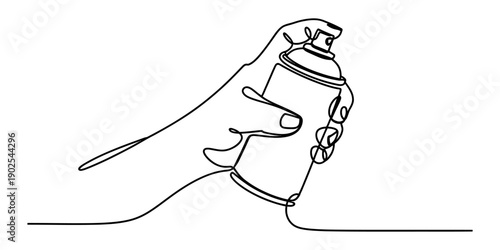 A continuous line drawing illustrating a hand holding an aerosol spray can, ready to release paint or a substance. Vector, illustration