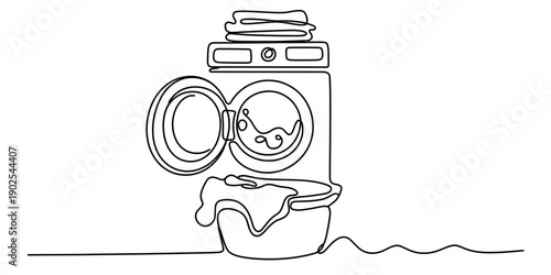 Continuous line drawing of a washing machine with an open door and a laundry basket full of clothes below it Vector, illustration