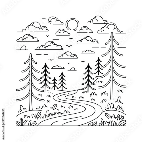 Minimalist line art depicts a forest landscape with winding pathway