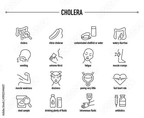 Cholera symptoms, diagnostic and treatment vector icon set