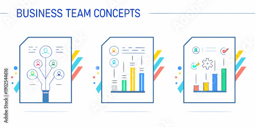 Business team concepts illustrated with flat vector graphics and charts