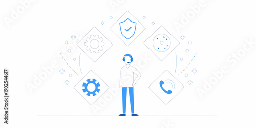 Customer support illustration featuring a person surrounded by tech icons