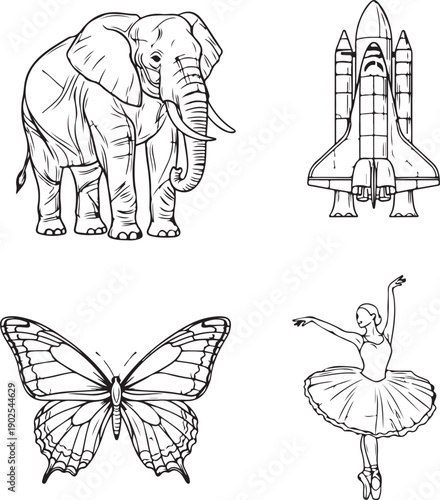 Line Art Set: Elephant, Space Shuttle, Butterfly, and Ballerina Icons