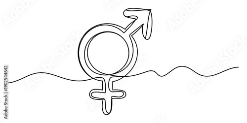 Continuous line art illustration combining male and female symbols to represent gender fluidity Vector, illustration