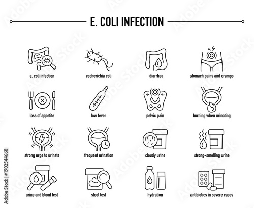 E. Coli Infection symptoms, diagnostic and treatment vector icon set