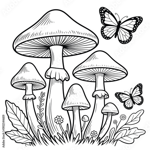 Detailed sketch of mushrooms and butterflies in a whimsical forest scene