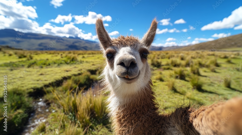 Fototapeta premium Happy Llama Smiling in Beautiful Grassland During Sunny Day Closeup Selfie