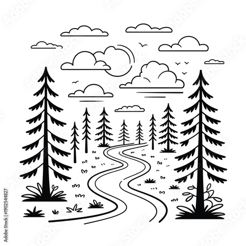 Minimalist line art depicts a winding path through a forest landscape