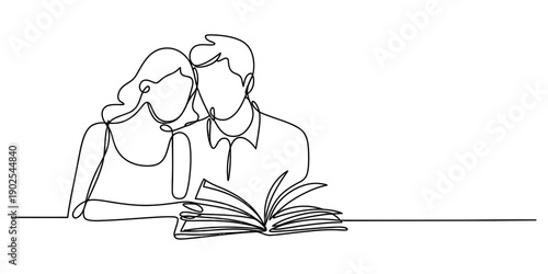 A continuous line art drawing of a couple reading a book together in a minimalist style Vector, illustration