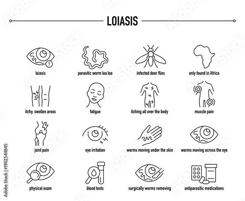 Loiasis symptoms, diagnostic and treatment vector icon set