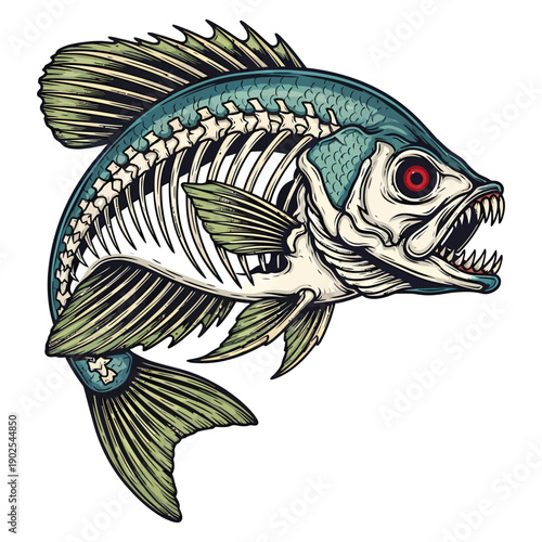 Skeleton fish crappie with red eye and sharp teeth illustration