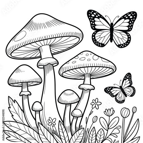 Detailed illustration of mushrooms butterflies and foliage in black and white
