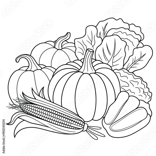 A bountiful harvest illustration featuring pumpkins cabbage corn and squash