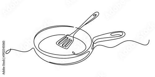 Simple continuous line drawing of a frying pan with a spatula resting inside for cooking concepts Vector, illustration