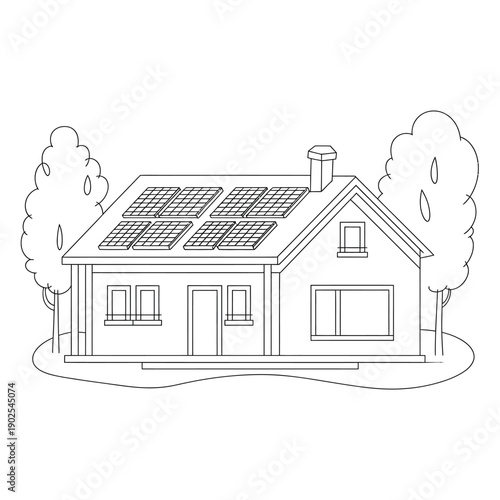 Simple line drawing of a house with solar panels on the roof