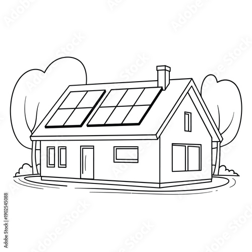 Simple line drawing of a house with solar panels on the roof