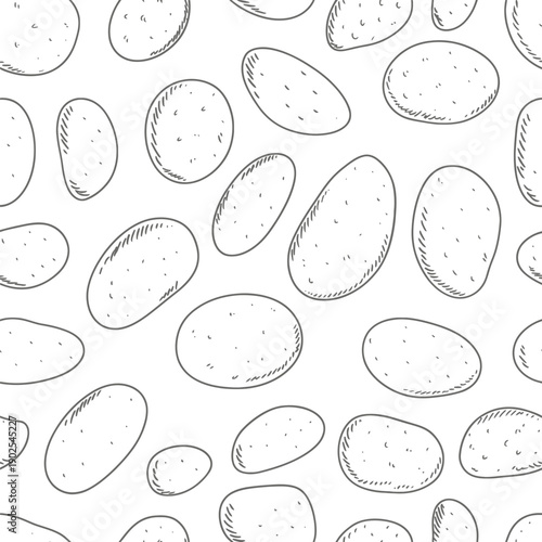 Seamless pattern of hand drawn potato illustrations in black and white