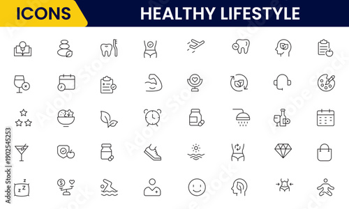 Healthy lifestyle icon set. Contains Icons for diet, exercise, sleep, running, routine, gym, nutrition, cardio exercises, sports supplements, yoga, self-care, culture, and hobbies.