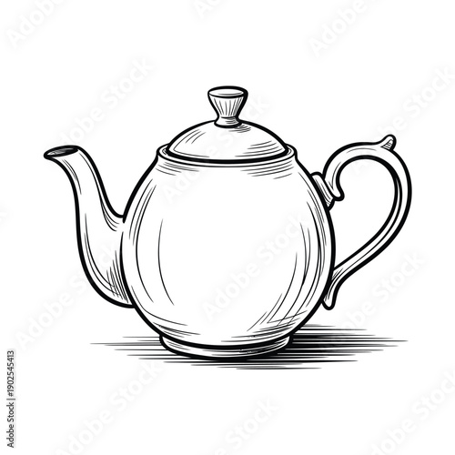 Sketch of a classic teapot with a rounded body and curved handle