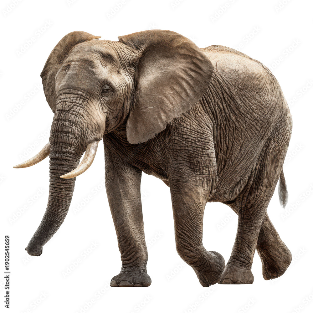 Fototapeta premium African elephant walking isolated on transparent background in full length view