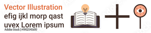 Education, knowledge, innovation, vision, research, analysis. Open book with light bulb, plus symbol and eye icon. Education and innovation learning and insights