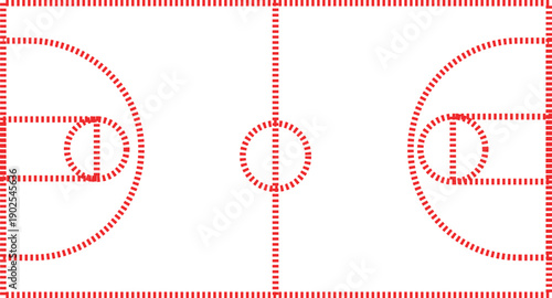 Simple dashed red line drawing illustrates a standard basketball court layout