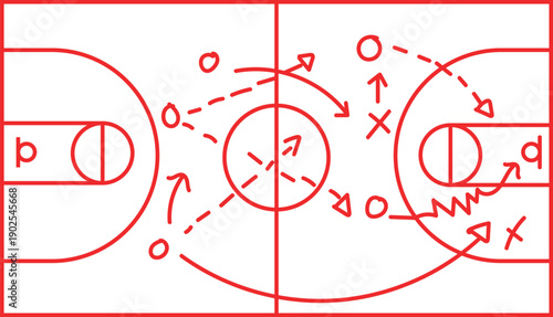 Basketball Court Strategy Diagram with Red Arrows and Player Positions 