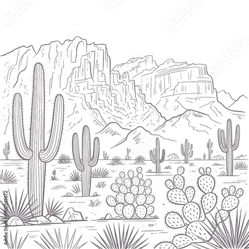 Desert landscape with saguaro cacti mountains and sparse vegetation