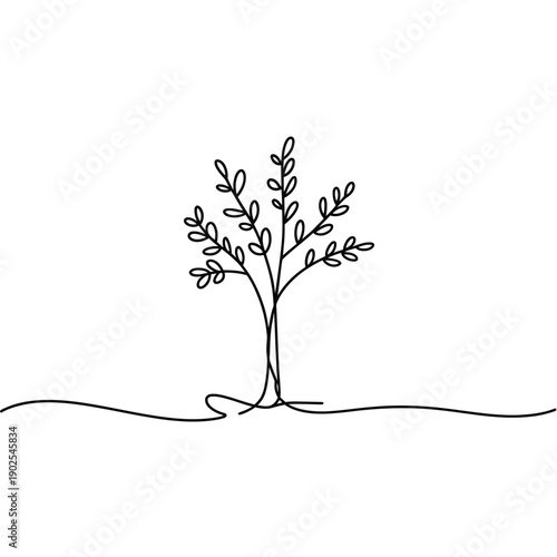 Minimalist line drawing depicts a small tree with delicate foliage