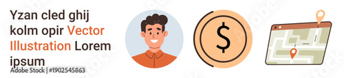 Navigation, personal finance, identity, profile creation, location markers, online platforms. Male profile image, dollar sign map with orange location pin. Navigation and personal finance focus