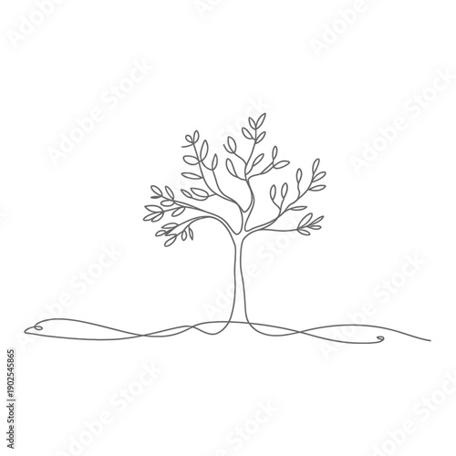 Minimalist line drawing of a delicate tree with flowing roots
