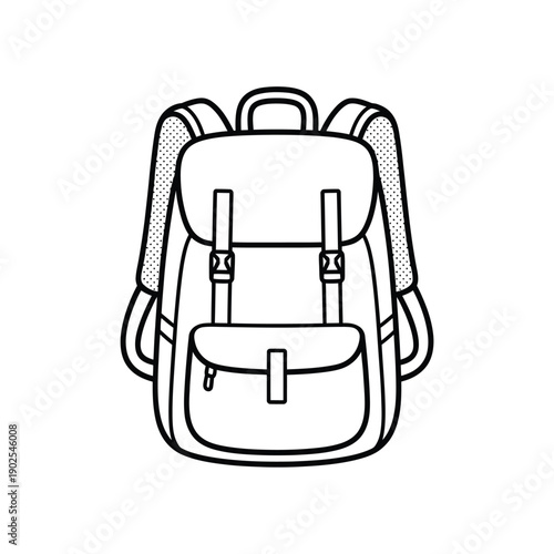 Line drawing of a black and white backpack with front pocket