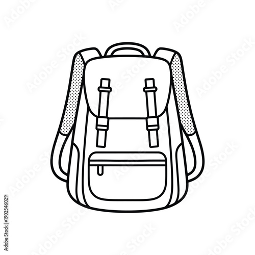 Simple line drawing of a black and white backpack with multiple compartments