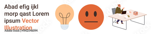 Innovation, emotion, workplace creativity, technology, human behavior, business concepts. Lightbulb, neutral emotion and person working at a desk. Innovation and workplace creativity illustration