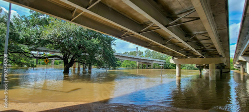 Buffalo Bayou Park, Houston flooded after Hurricane Beryl