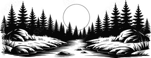 Forest landscape illustration, pine trees and river scenery with moon, black and white nature silhouette artwork isolated on white background