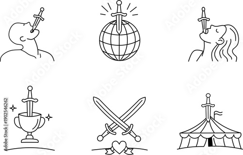 Sword swallower circus icons set. Minimalist line art for World Sword Swallowers Day