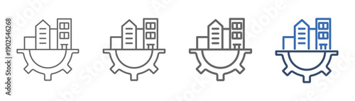
outline icon set infrastructure with building and gear designs