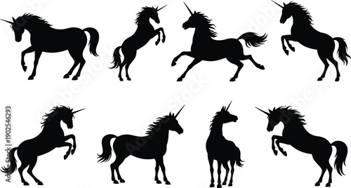 Unicorn silhouettes collection, fantasy mythical horses in different rearing and standing poses, black unicorn silhouettes isolated on white background