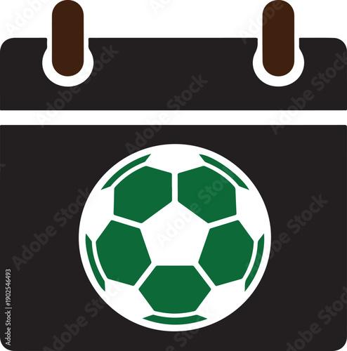 Black calendar icon with soccer ball on a white background