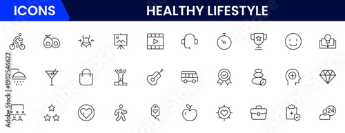 Healthy lifestyle icon set. Contains Icons for diet, exercise, sleep, running, routine, gym, nutrition, cardio exercises, sports supplements, yoga, self-care, culture, and hobbies.