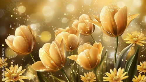 Vibrant Yellow Tulips in Soft Focus: Spring Blossom Close-Up, Floral Beauty, Delicate Petals, Nature Photography