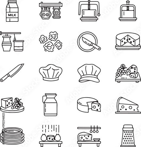 Cheese and Dairy Production Line Icons Set: Milk, Chef Hat, and Kitchen Tools