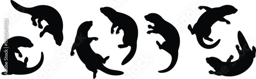 Otter silhouette collection set, black aquatic mammal poses, playful river wildlife illustration isolated on white background vector design