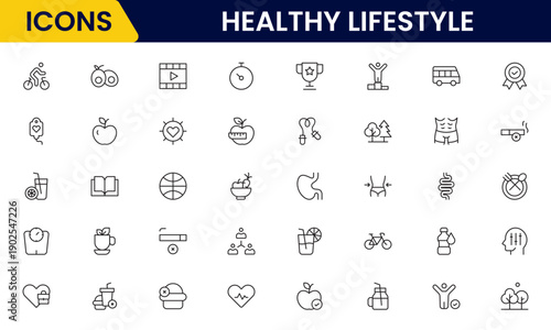 Healthy lifestyle icon set. Contains Icons for diet, exercise, sleep, running, routine, gym, nutrition, cardio exercises, sports supplements, yoga, self-care, culture, and hobbies.