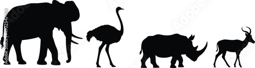 African wildlife silhouettes featuring elephant, ostrich, rhinoceros and antelope, black vector illustration set for safari nature, conservation, and animal design themes