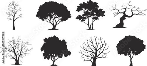 Tree silhouettes collection with deciduous and abstract forms, black nature vector illustration set for landscape design, ecology themes, and creative projects