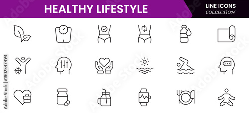 Healthy lifestyle icon set. Contains Icons for diet, exercise, sleep, running, routine, gym, nutrition, cardio exercises, sports supplements, yoga, self-care, culture, and hobbies.