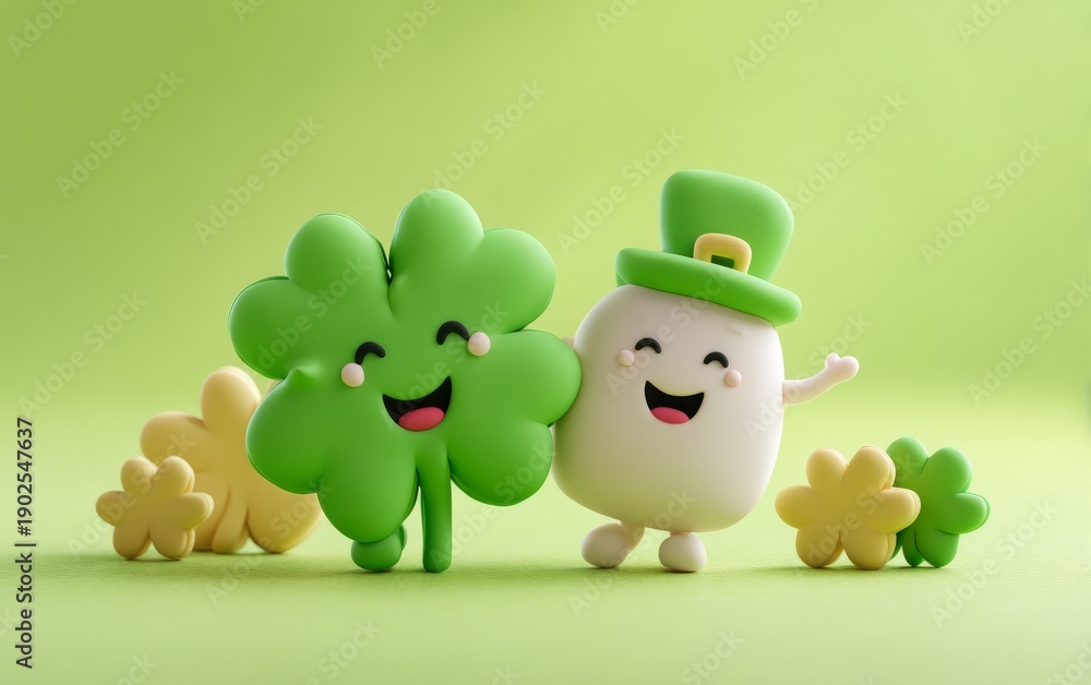 Fototapeta premium Cute 3D Clay St. Patrick's Day Figures with Shamrocks and Leprechauns