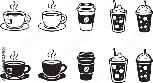 Assorted coffee and iced drink illustrations in monochrome isolated on white background, illustration